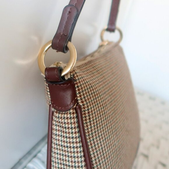 Mango Houndstooth Fabric Mini Baguette Shoulder Bag Leather Trim Handbag XS S - Picture 12 of 15